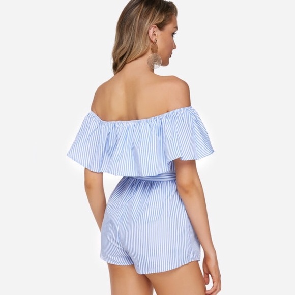 💥 SALE Off Shoulder Ruffled Belted Striped Romper - Picture 4 of 8